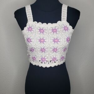 Beautees Womens Crochet Knit Flower Granny Square Crop Top Size S Spring Kawaii